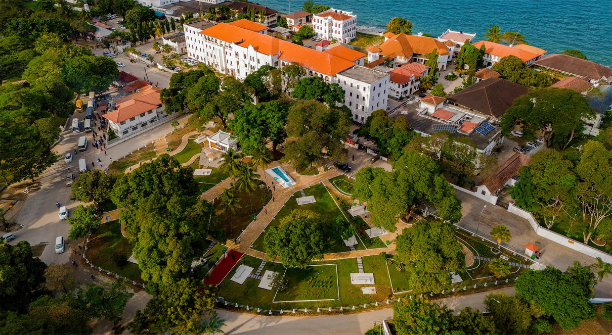 Aerial photograph of the Mnazi Mmoja Hospital Garden, a tree-lined public garden in Zanzibar restored by Infinity Foundation